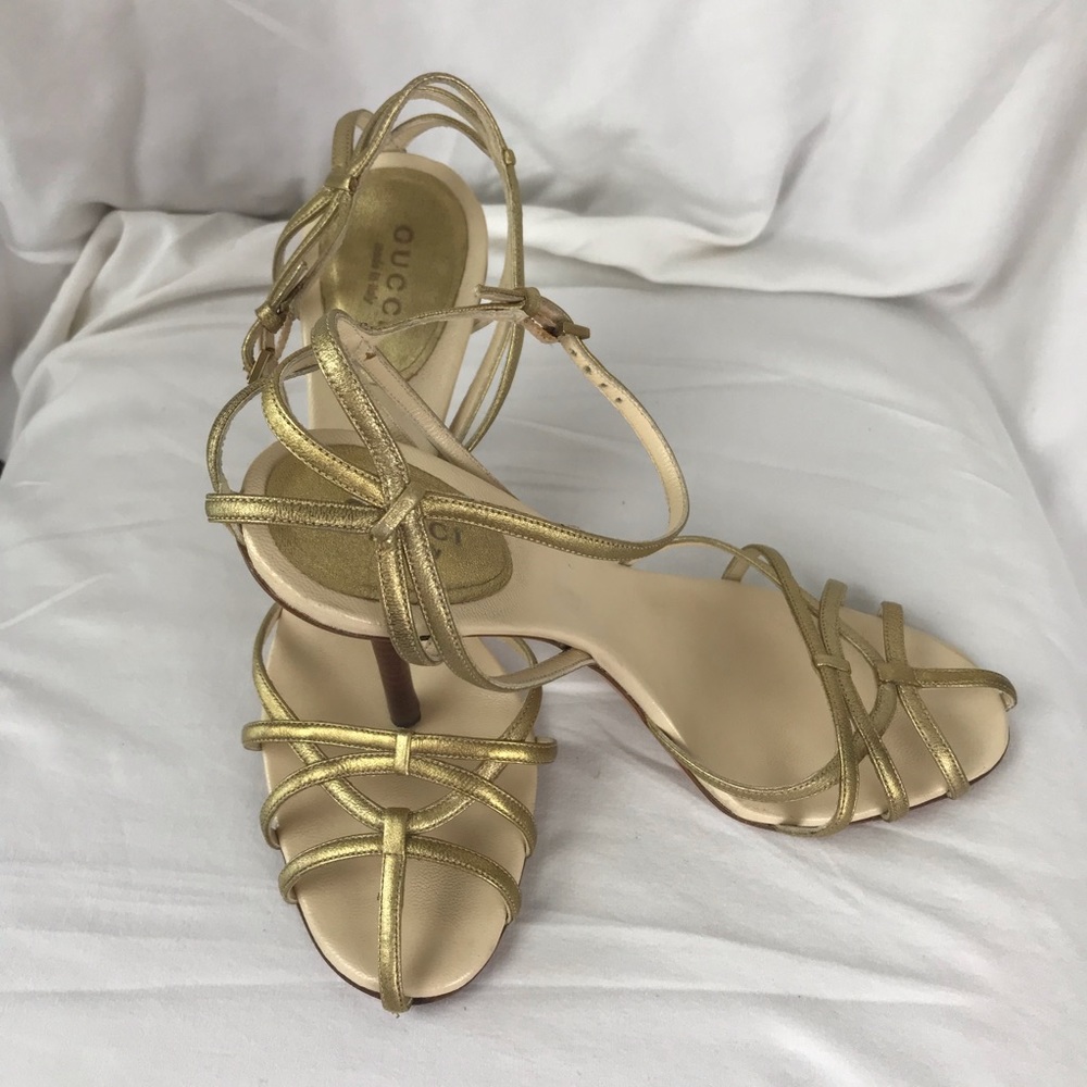 Gucci Gold Metallic Leather Strap Sandals